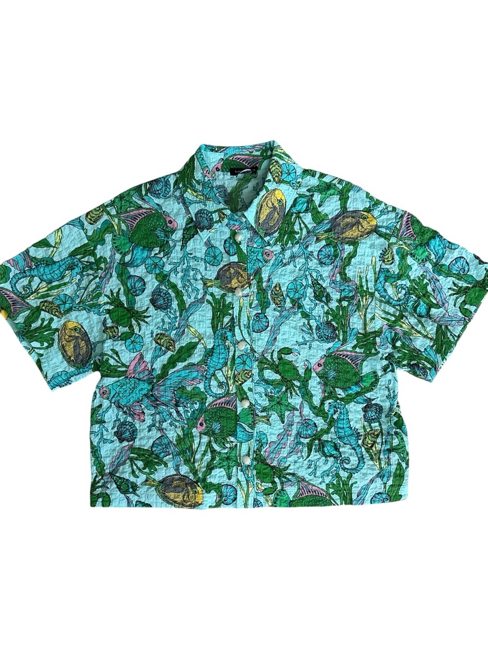Kate Spade Button Down Cropped Crepe Shirt Aquatic Print Size XS